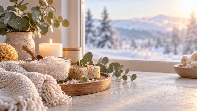 Warm and inviting winter self care arrangement featuring natural elements for a peaceful and reflective morning at home
