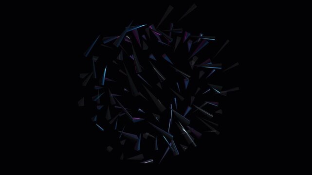 Abstract 3D geometric shards and sharp spikes with neon purple and blue glowing accents rotating in a dark black space, creating a dynamic futuristic motion background for digital projects.