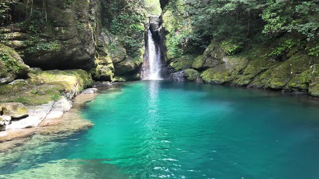 Crystal clear emerald green water flowing in Nikobuchi basin, Kochi Japan