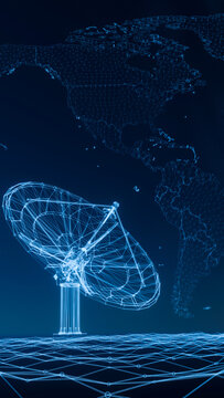 3d realistic wireframe render of a futuristic satellite dish antenna for global telecommunications network and digital data broadcasting concept