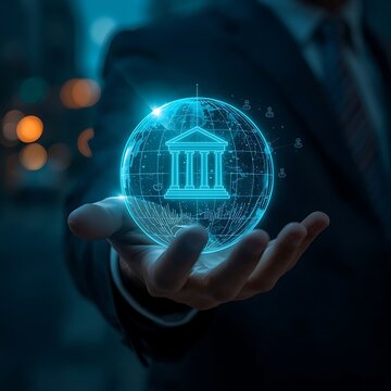 Digital hologram of bank icon and globe held by business person for financial solutions.