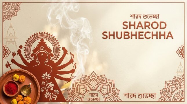 Sharod shubhechha hindu festive greeting card design with goddess durga silhouette and vermilion bowl for cultural event.
