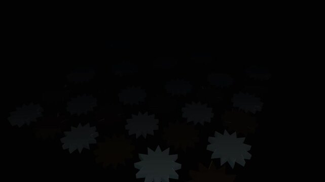Abstract 3D motion graphic background featuring a grid of rotating metallic star-shaped gear wheels in a dark, atmospheric environment, perfect for industrial, technology, or mechanical concepts.