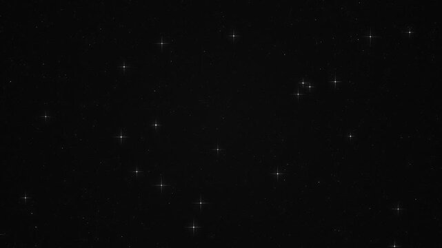 Animated black and white star field with twinkling four point stars on pure black, monochrome night sky, astronomy and minimal space background loop