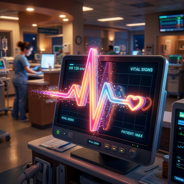 Glowing neon medical heart rate monitor screen showing pulse wave in a modern intensive care unit hospital ward