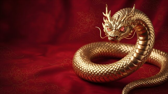 Golden dragon sculpture on red silk fabric background representing Chinese lunar new year celebration
