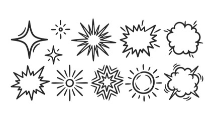 Obraz premium Hand drawn doodle sparkles and comic explosion elements icon set with star sun burst cloud flash shape design graphics