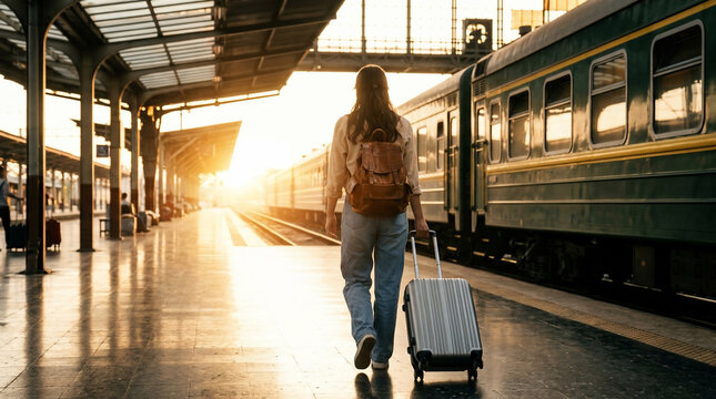 Young woman with backpack and suitcase walking on train station platform towards train at sunset