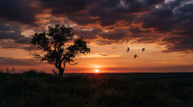 Lonely tree silhouette against a dramatic sunset sky with flying birds over a peaceful landscape