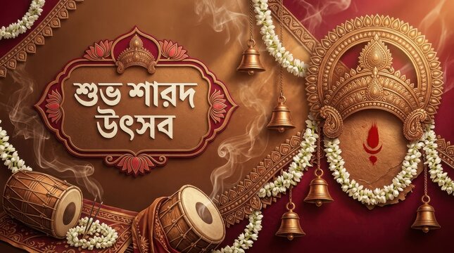 Sharad utsav festive banner with dhak drums and incense smoke plus golden crown elements for indian cultural celebration.