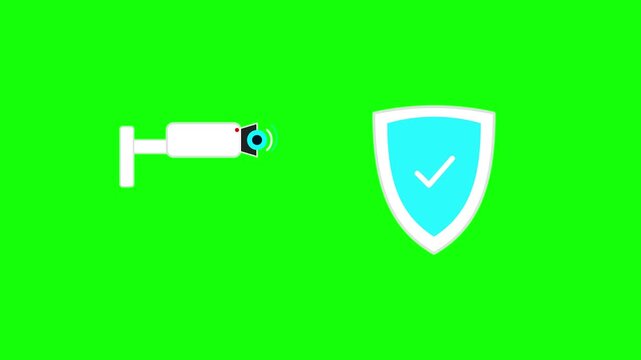 Security Camera and Shield Icon Animation on Green Screen Background.