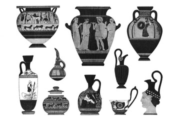 Various ancient Greek vases, pottery types such as amphora, krater and hydria decorated with figures and patterns, old vintage illustration, 1894 © Timofeeff