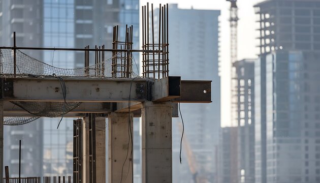Concrete and steel rebar structures rising at a bustling urban construction site
