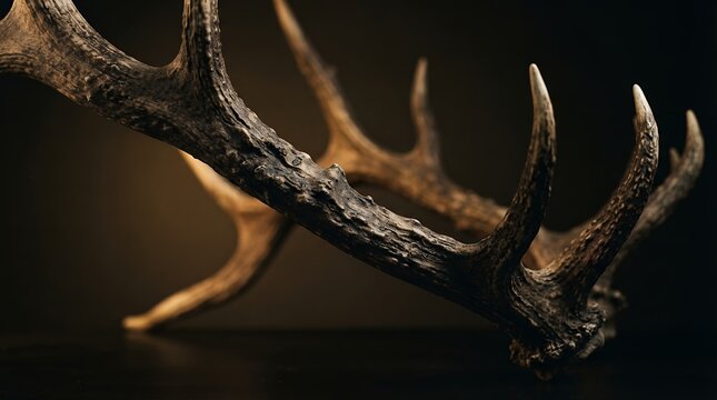 Rustic deer antlers on dark background, textured brown elk horns with dramatic lighting, vintage hunting trophy still life for lodge decor