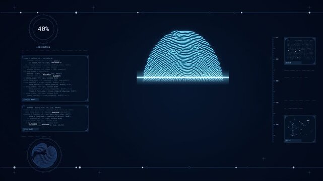 Animated blue fingerprint biometric scanner interface with scan bar, acquisition percentage and code readouts, identity verification and security loop