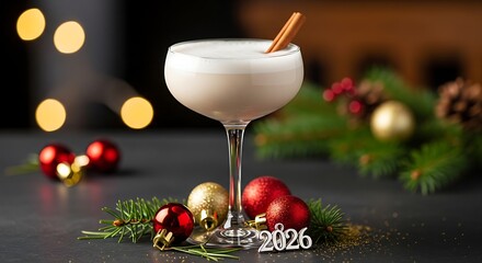 Fototapeta premium Festive holiday cocktail with christmas decorations and lights