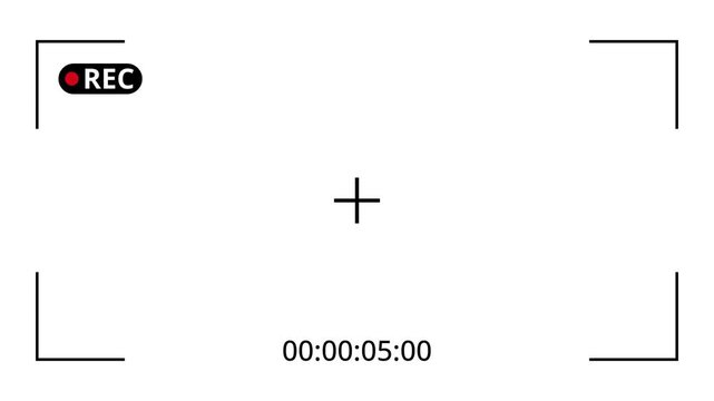 Camcorder recording display with rec indicator, central focus crosshair, frame guides and running timecode