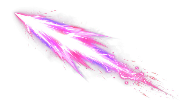 Vibrant pink and purple energy sword slash effect with lightning and sparkles, isolated on transparent background for game UI and fantasy art