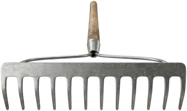 Metal garden rake head with wooden handle base.