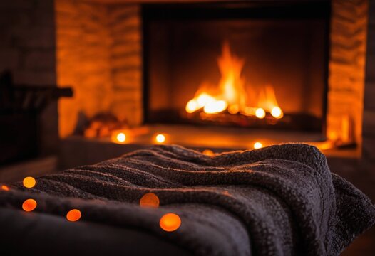 Cozy blanket draped over a sofa in front of a warm, glowing fireplace at night