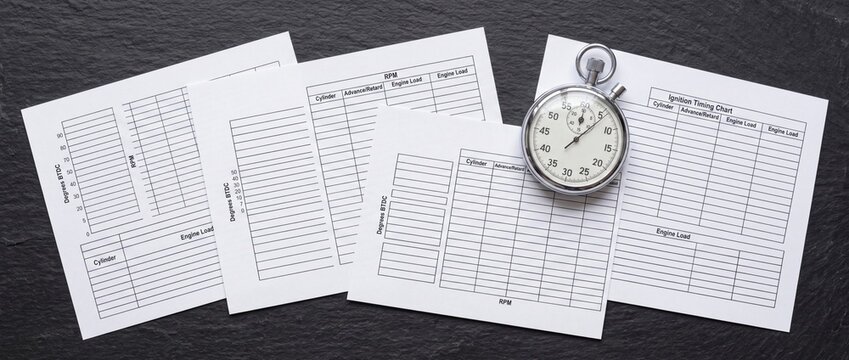 Mechanical analog stopwatch resting atop blank engine ignition timing charts printed on paper sheets for automotive diagnostic testing