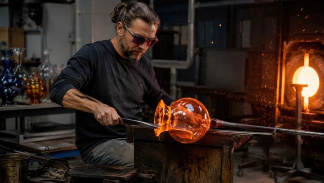 Skilled glassblower creating a colorful object in a workshop during daytime hours with tools and materials visible around