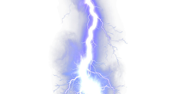 Purple lightning bolt striking through storm clouds with electric blue glow, isolated on transparent background, perfect for sci-fi, fantasy, and dramatic poster designs.