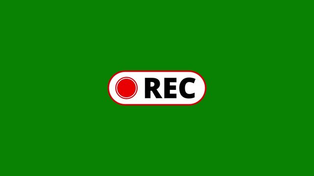 Red rec recording button animation with bold label for video camera interface on green screen background