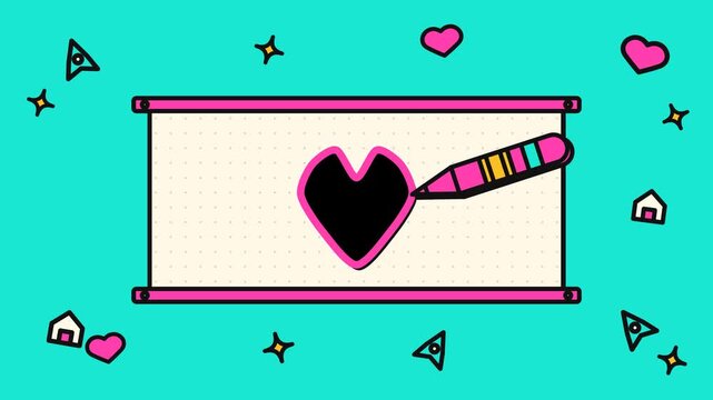 Animated pink pencil drawing heart star and infinity shapes on paper