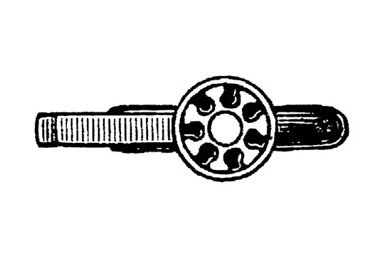 Front view of a key with a cylindrical toggle pin, detailed engraving emphasizing the precision of the keyhole mechanism, old vintage illustration, 1897