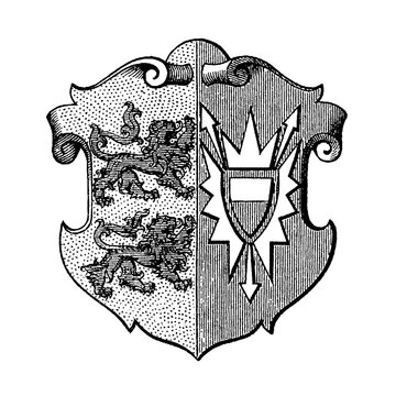 Coat of arms of the Prussian Province of Schleswig-Holstein, shield with two blue lions on gold and a silver nettle leaf on red, old vintage illustration, 1897