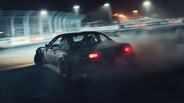 Nighttime sports car drifting through racing track corner with glowing taillights and tire smoke under dramatic circuit lights