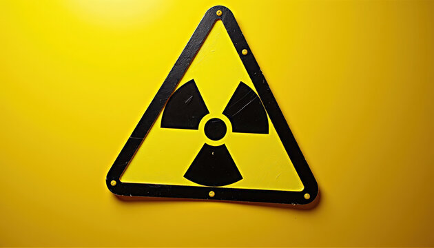 Radiation warning sign on bright yellow background, triangular shape with black edges and symbol in center. Radiation warning sign conveys alertness and safety precautions for hazardous materials.