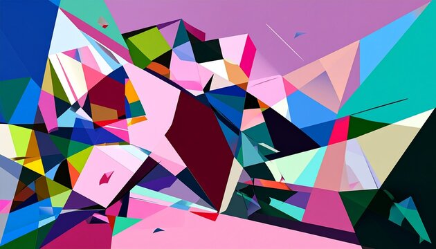 ピンクとブルーの多角形が重なるカラフルな抽象アート