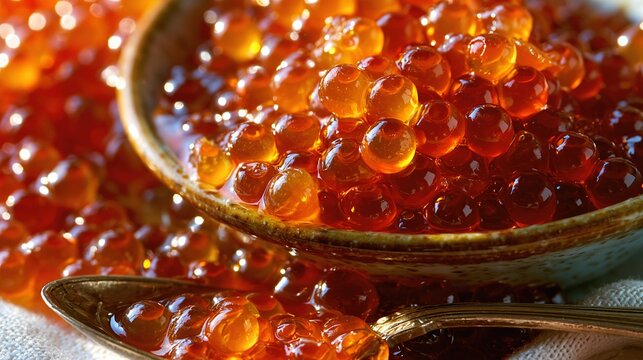 Extreme macro close-up of glossy red orange salmon caviar fish roe with vivid spherical detail