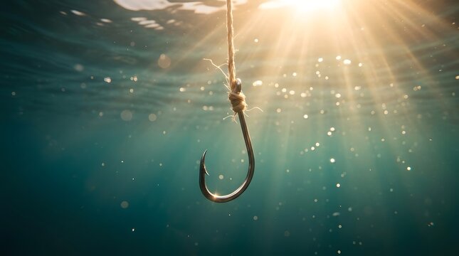 Fishing Hook Hanging Underwater with Sunlight Rays