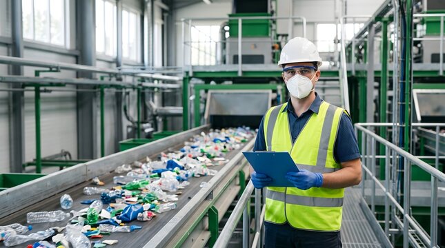 Industrial worker wearing safety mask and hard hat holding a clipboard near a waste sorting conveyor belt for environmental protection and recycling management.
