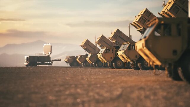 Patriot Air Defense Missile Systems in Formation at Sunset