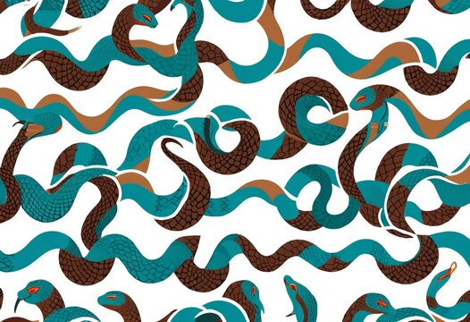 Seamless pattern of turquoise and brown snakes on white background, abstract reptile design