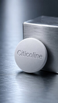 A citicoline tablet rests on a smooth metal surface alongside a silver box. The setting suggests a focus on health or supplements. There is a simple design with clear lighting