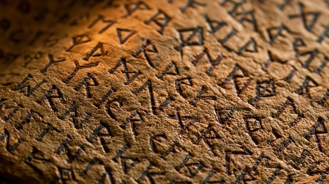 Angular runes cover rough aged surface under dramatic warm light