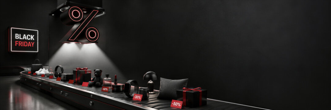 Black friday sale podium with discount percent sign and products on conveyor belt. Black friday sale and holiday shopping concept. Online shopping. Banner with copy space