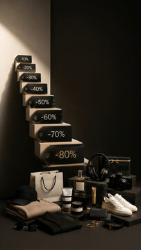 Staircase of boxes with discount tags beside fashion and electronics products. Elegant dark scene with shopping bag, sneakers, headphones and cosmetics. Black friday sale. Online shopping.