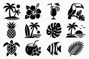 Fototapeta premium Tropical Island Icons Collection Vector Silhouette.