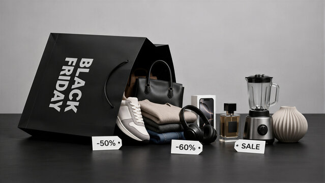 Black Friday shopping bag overflowing with products on dark table. Sneakers, clothes, headphones, perfume, blender and phone with discount tags and sale signs.