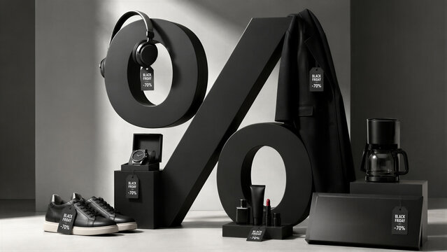 Black Friday sale concept with black percent symbol and products with discount tags. Sneakers, headphones, watch, coat, cosmetics and coffee maker on podium display.