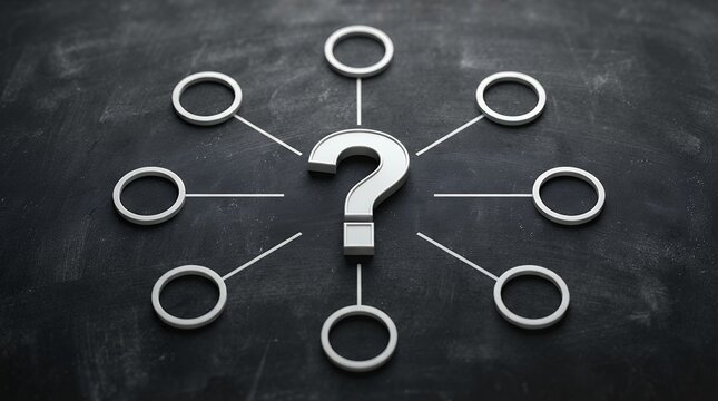 Question mark symbol with connecting circles on chalkboard, conceptual mind map for problem solving, business strategy and decision making diagram
