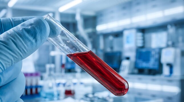 A gloved hand holding a test tube with red liquid in a science laboratory.