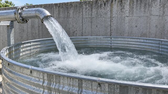 大型の円形金属製貯水槽へ配管から大量の水を注入する給水設備の動画