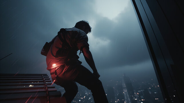 Roofer in rain jacket gripping skyscraper edge overlooking foggy cyberpunk city skyline at night